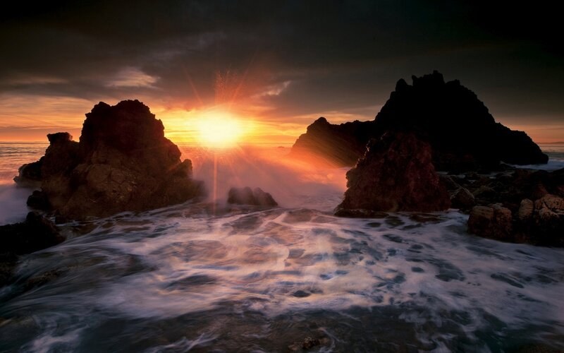 Sunset over Ocean Rocks — Orange, Dramatic, Photograph, Sky