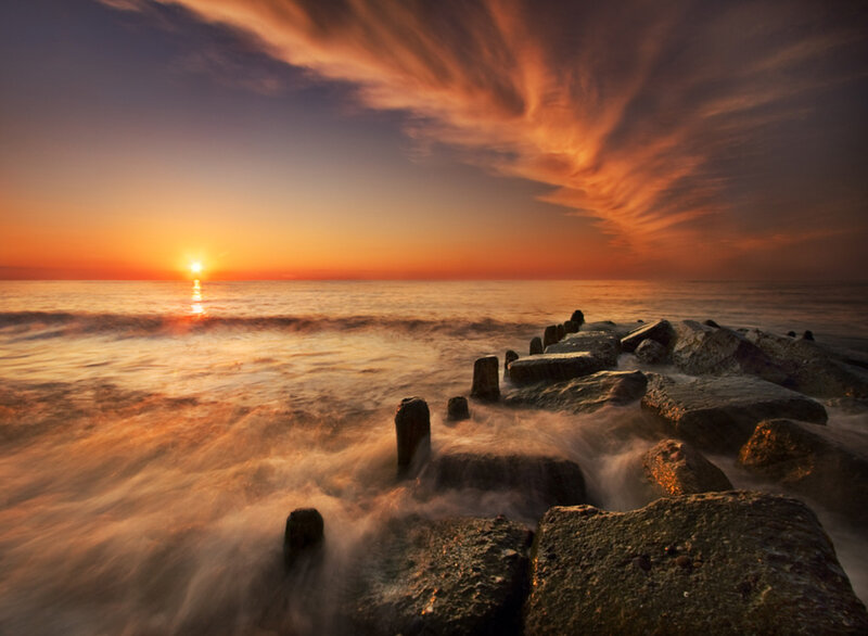 Sunset over Ocean Rocks — Orange, Dramatic, Photograph, Sun