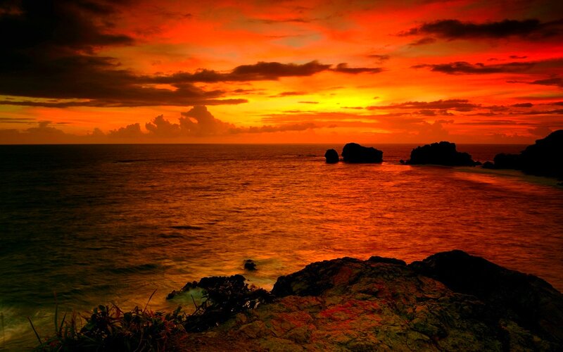 Sunset over Ocean Rocks — Orange, Dramatic, Photograph