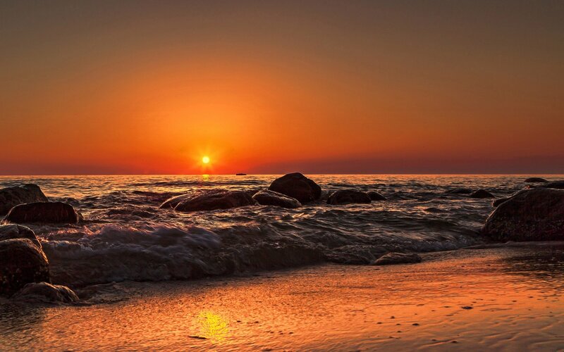 Sunset over Ocean Rocks — Orange, Serene, Photograph