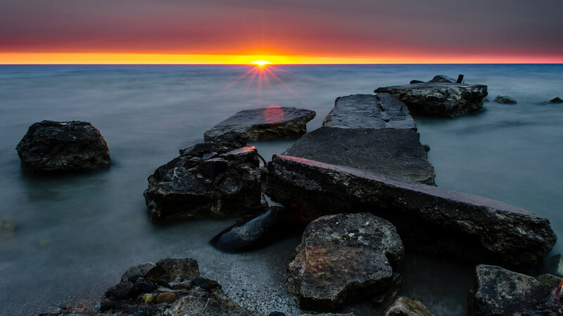 Sunset over Ocean Rocks — Orange, Serene