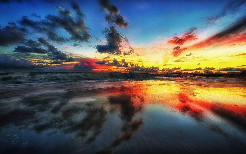 Sunset over Ocean Waves — Blue, Dramatic, Photograph, Clouds, Beach, Orange