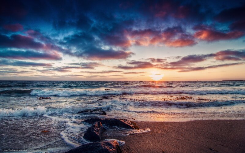 Sunset over Ocean Waves — Blue, Dramatic, Photograph, Clouds