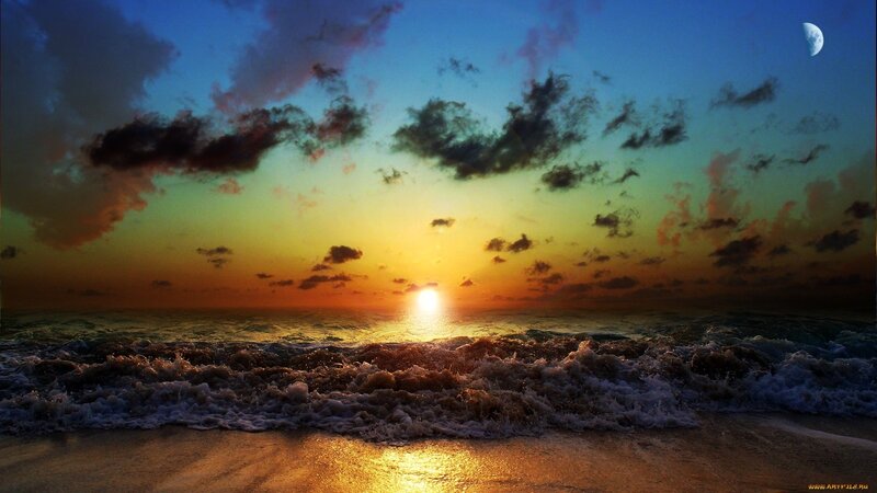 Sunset over Ocean Waves — Blue, Dramatic, Photograph, Moon