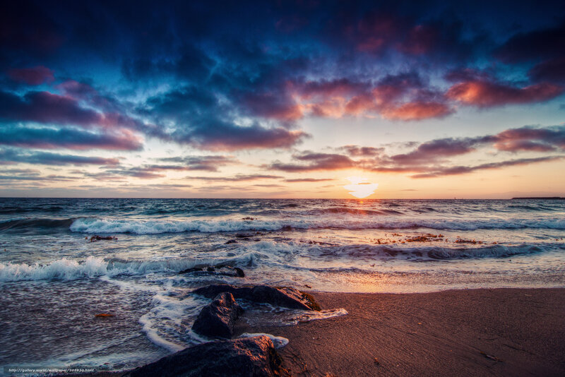 Sunset over Ocean Waves — Blue, Dramatic, Photograph, Rocks