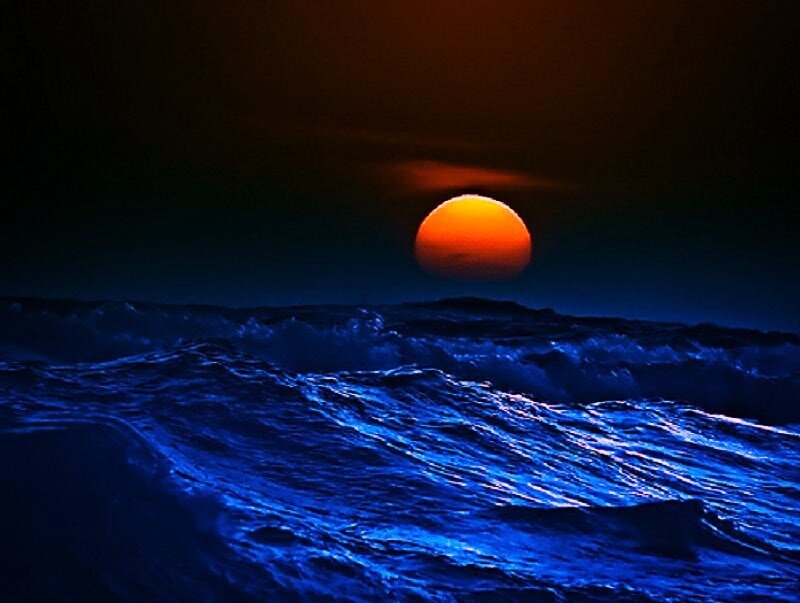 Sunset over Ocean Waves — Blue, Dramatic, Photograph, Sun, Sky