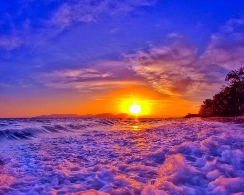 Sunset over Ocean Waves — Blue, Dramatic, Photograph, Sun