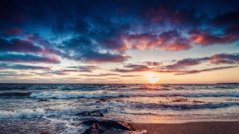 Sunset over Ocean Waves — Blue, Dramatic, Photograph
