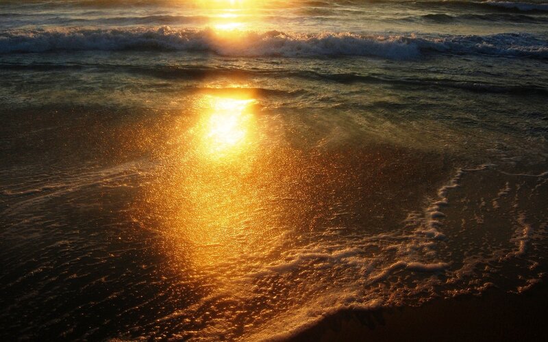Sunset over Ocean Waves — Gold, Serene, Photograph