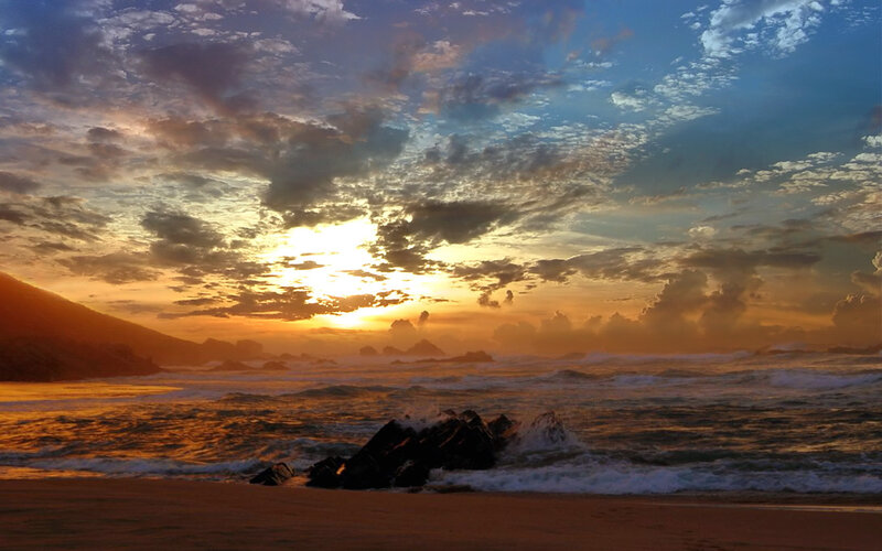 Sunset over Ocean Waves — Orange, Dramatic, Photograph, Beach, Rocks