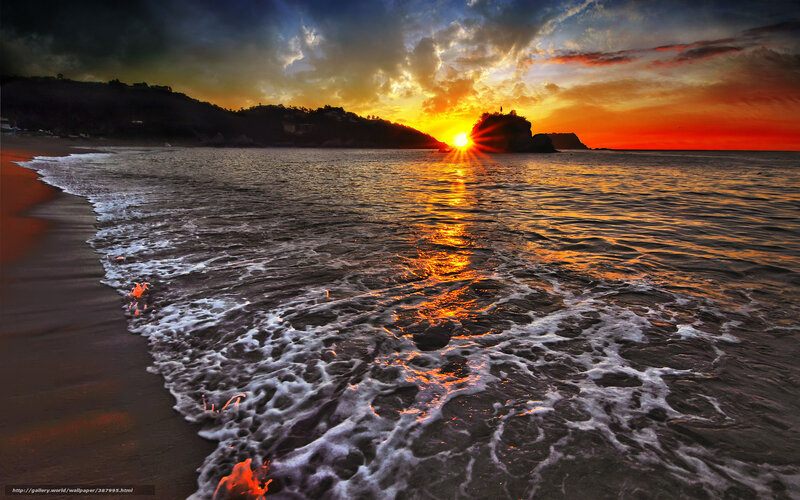 Sunset over Ocean Waves — Orange, Dramatic, Photograph, Beach, Sea