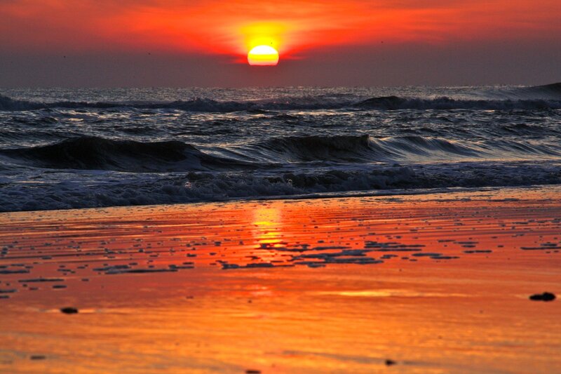 Sunset over Ocean Waves — Orange, Dramatic, Photograph, Beach, Sun