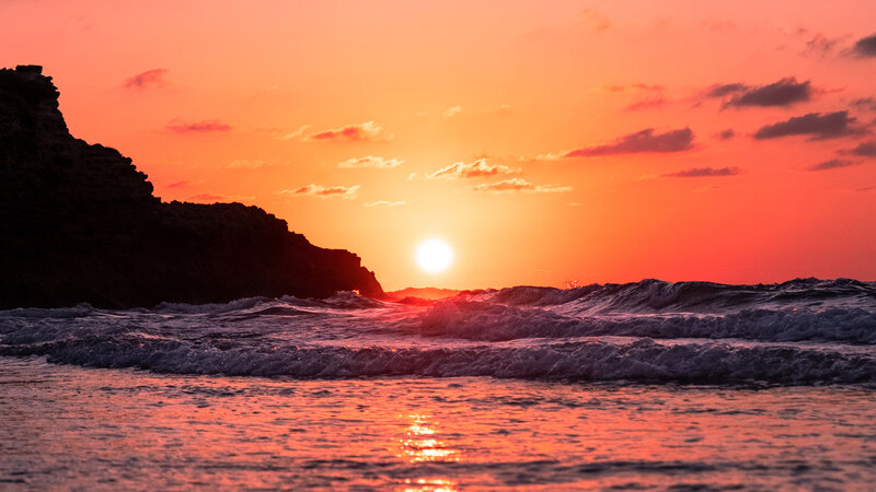 Sunset over Ocean Waves — Orange, Dramatic, Photograph, Cliff, Sun