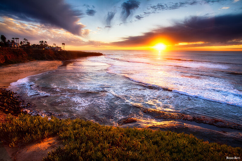 Sunset over Ocean Waves — Orange, Dramatic, Photograph, Cliff