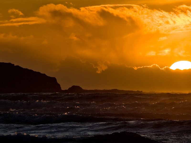 Sunset over Ocean Waves — Orange, Dramatic, Photograph, Clouds, Mountain