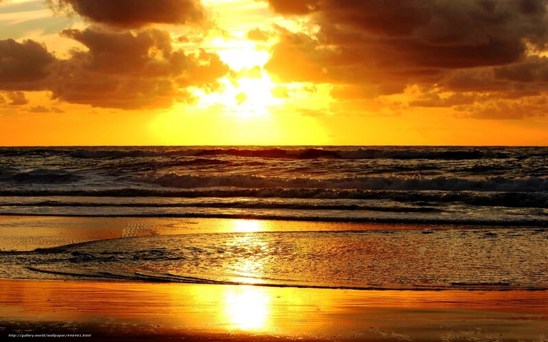 Sunset over Ocean Waves — Orange, Dramatic, Photograph, Clouds, Sand