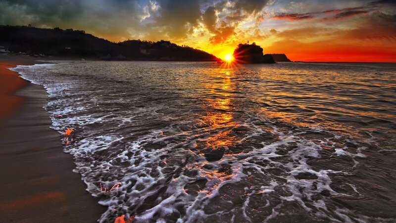 Sunset over Ocean Waves — Orange, Dramatic, Photograph, Mountain