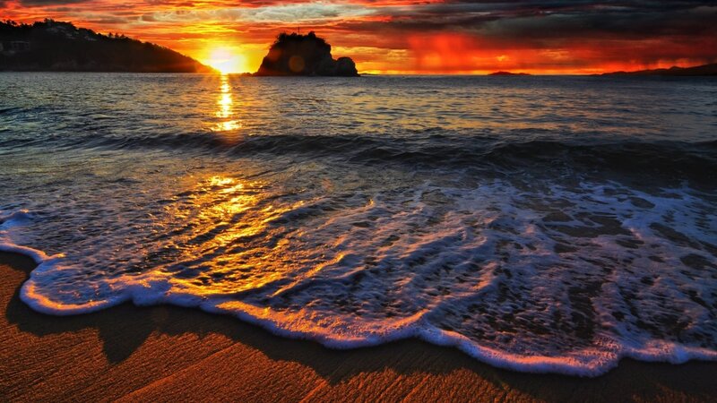 Sunset over Ocean Waves — Orange, Dramatic, Photograph, Rock Formation