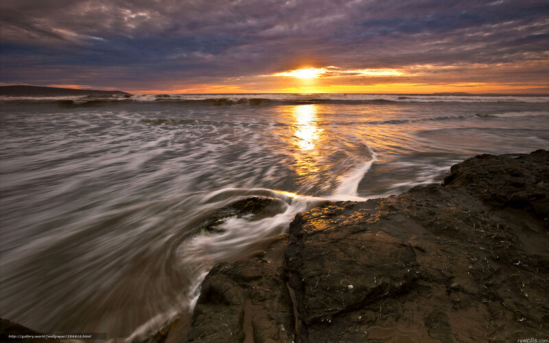 Sunset over Ocean Waves — Orange, Dramatic, Photograph, Rocks, Clouds