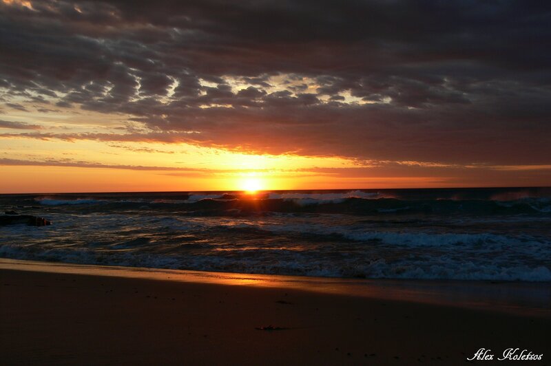 Sunset over Ocean Waves — Orange, Dramatic, Photograph, Sand, Clouds