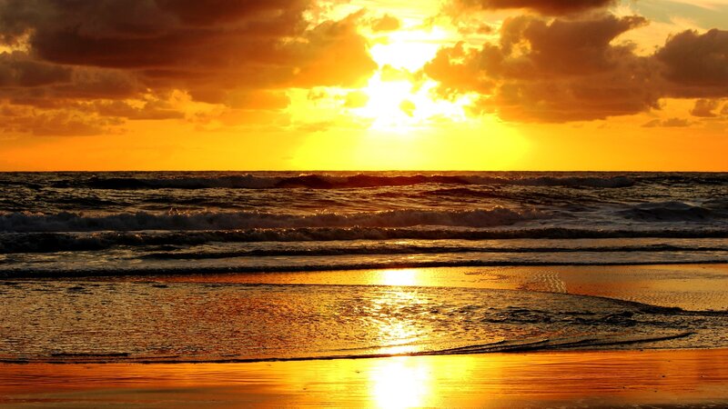 Sunset over Ocean Waves — Orange, Dramatic, Photograph, Sky, Beach