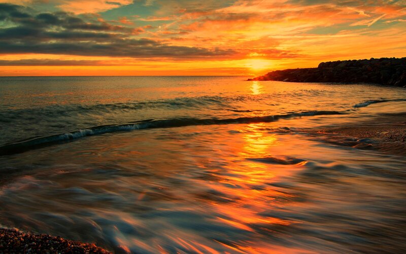 Sunset over Ocean Waves — Orange, Dramatic, Photograph, Sky, Rocks