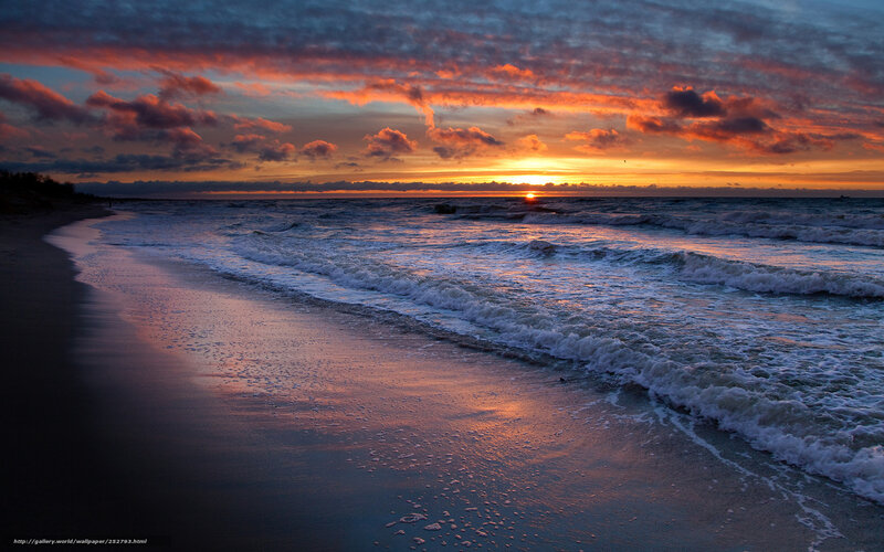 Sunset over Ocean Waves — Orange, Dramatic, Photograph, Sky, Sand