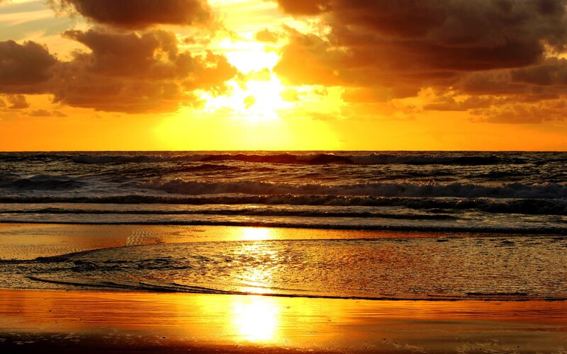 Sunset over Ocean Waves — Orange, Dramatic, Photograph, Sky, Sand, Yellow