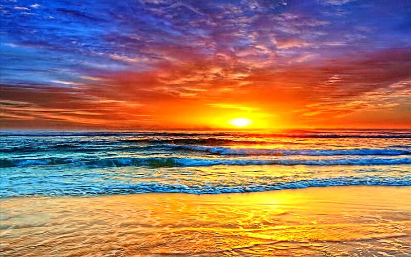 Sunset over Ocean Waves — Orange, Dramatic, Photograph, Sky
