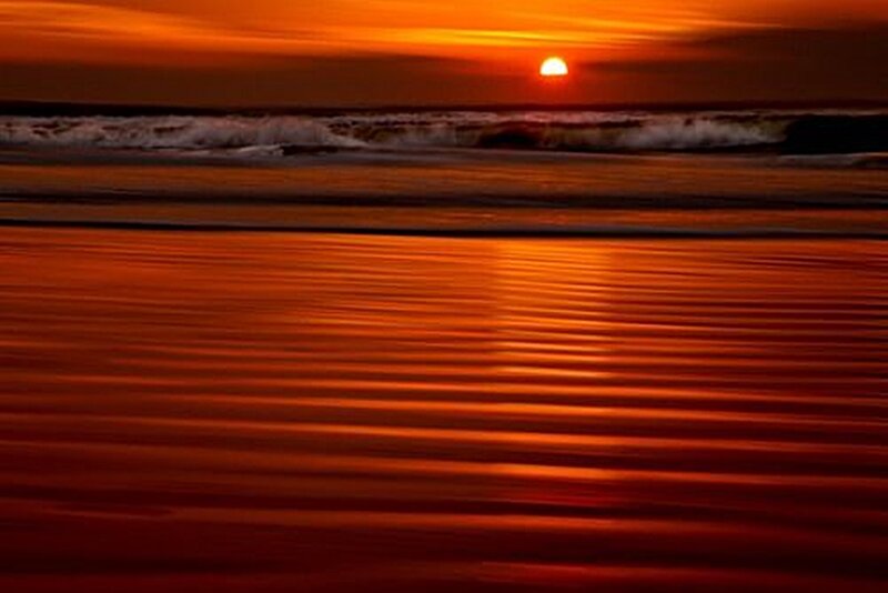 Sunset over Ocean Waves — Orange, Dramatic, Photograph, Sun, Beach