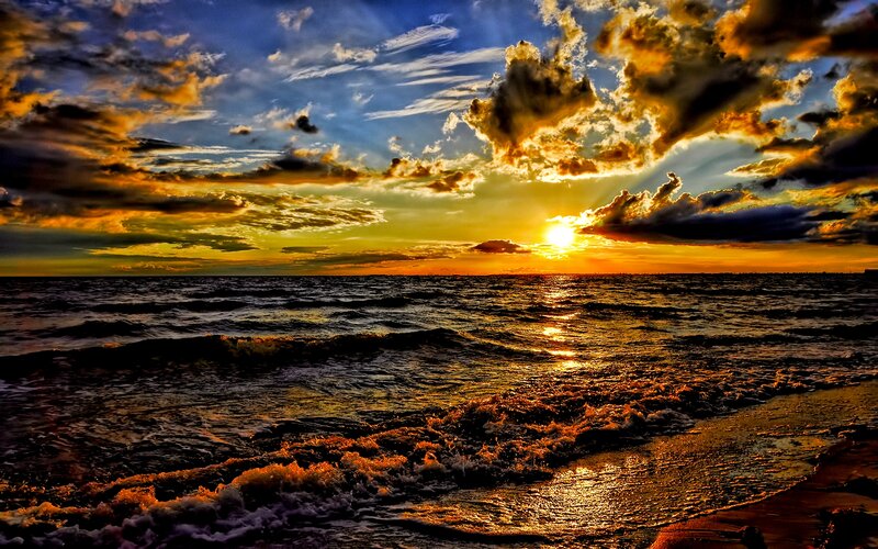 Sunset over Ocean Waves — Orange, Dramatic, Photograph, Sun, Clouds, Beach