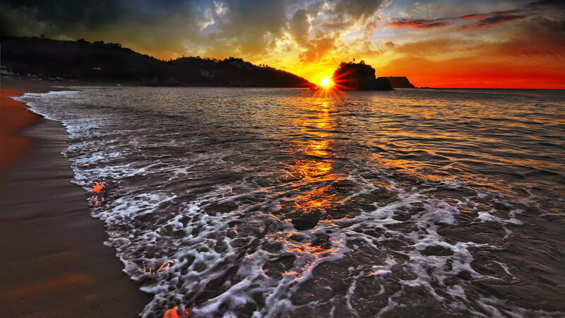 Sunset over Ocean Waves — Orange, Dramatic, Photograph, Sun, Rock Formation