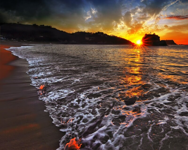 Sunset over Ocean Waves — Orange, Dramatic, Photograph, Sun, Sea, Beach