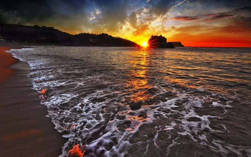 Sunset over Ocean Waves — Orange, Dramatic, Photograph, Sun, Sea, Rock Formation