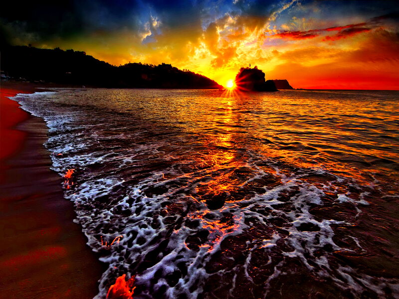 Sunset over Ocean Waves — Orange, Dramatic, Photograph, Sun, Sea