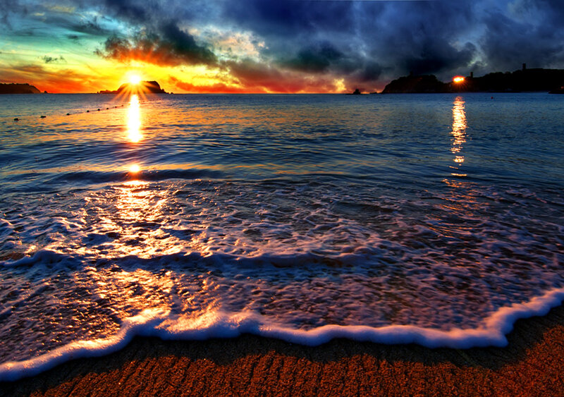 Sunset over Ocean Waves — Orange, Dramatic, Photograph, Sun