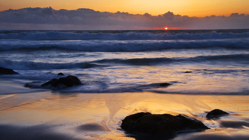 Sunset over Ocean Waves — Orange, Serene, Photograph, Rocks