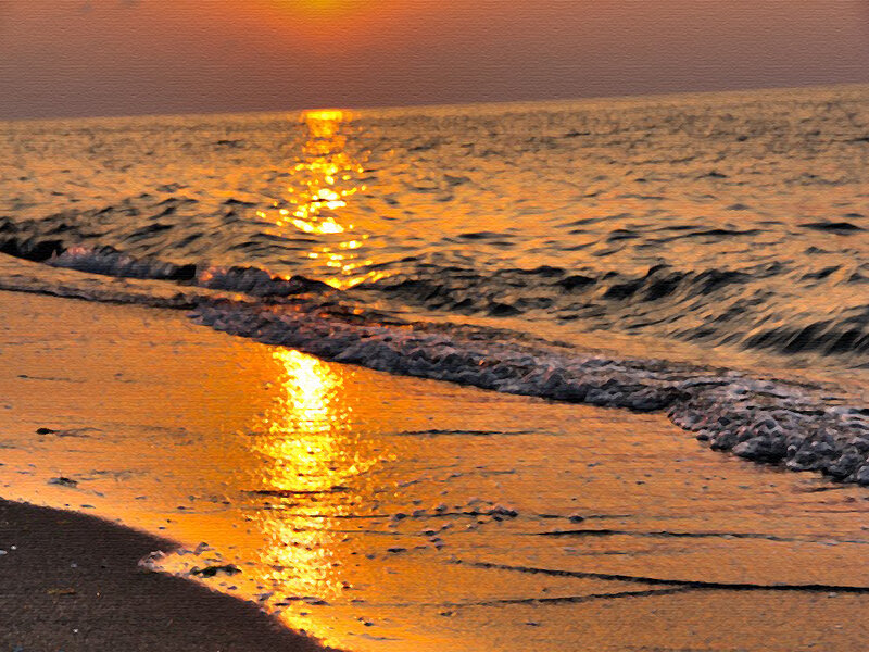 Sunset over Ocean Waves — Orange, Serene, Photograph, Sand