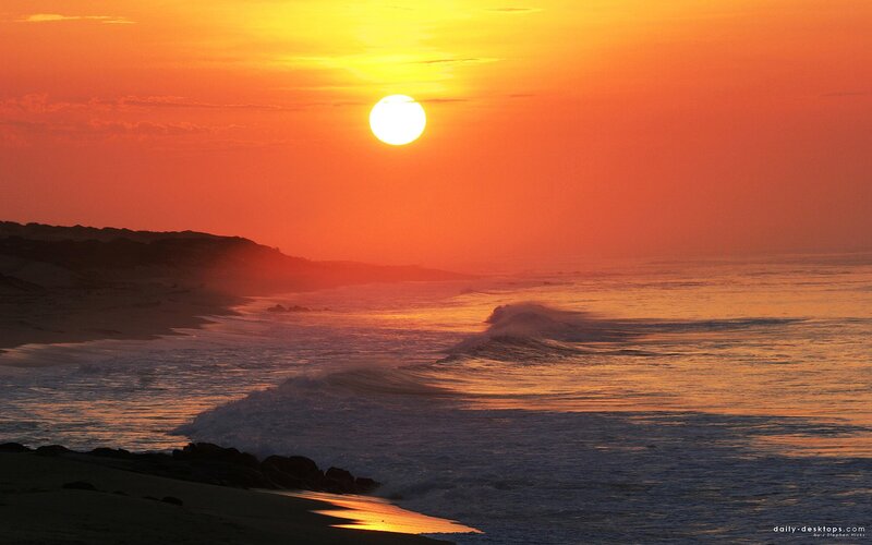 Sunset over Ocean Waves — Orange, Serene, Photograph, Sun, Beach, Dunes