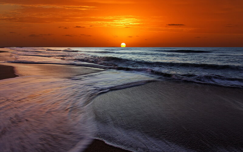 Sunset over Ocean Waves — Orange, Serene, Photograph, Sun, Beach