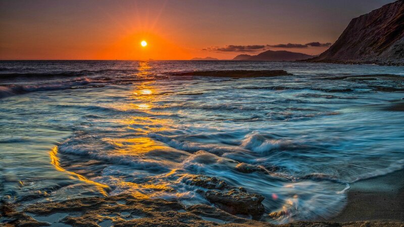 Sunset over Ocean Waves — Orange, Serene, Photograph, Sun, Cliff