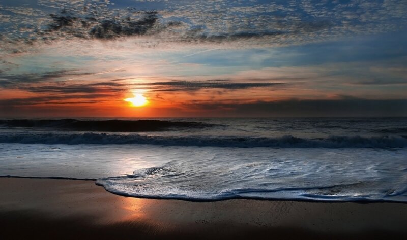Sunset over Ocean Waves — Orange, Serene, Photograph, Sun, Clouds