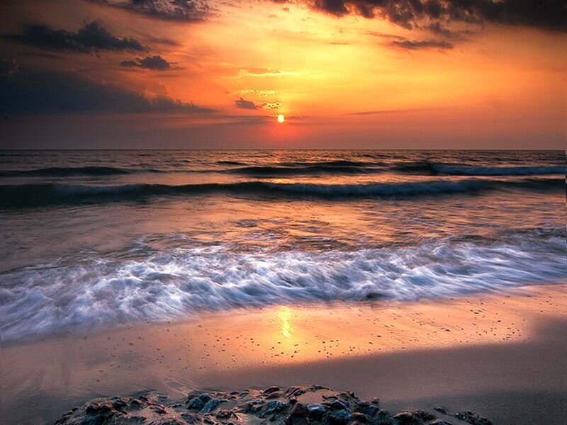 Sunset over Ocean Waves — Orange, Serene, Photograph