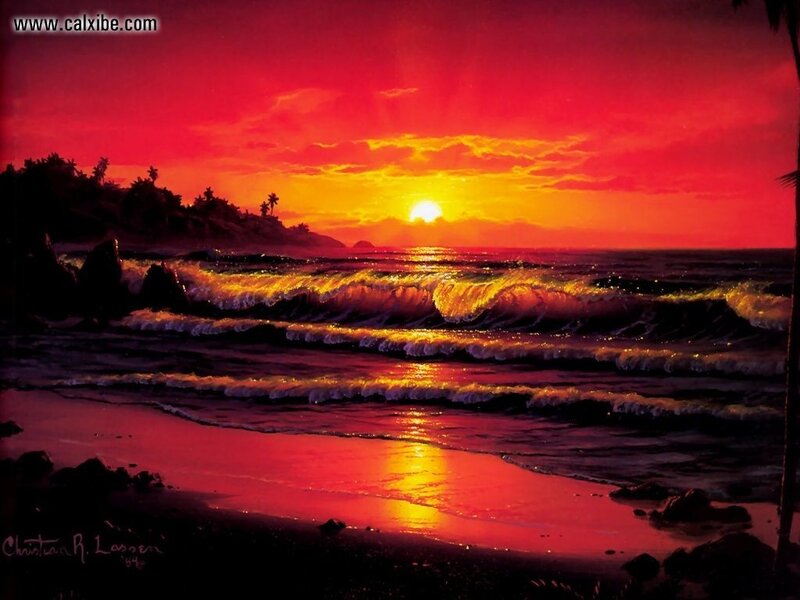 Sunset over Ocean Waves — Red, Dramatic