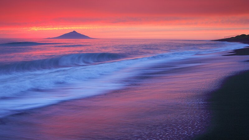 Sunset over Ocean Waves — Red, Serene, Photograph, Mountain