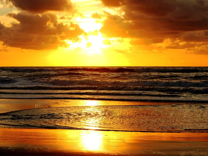 Sunset over Ocean Waves — Yellow, Dramatic, Photograph