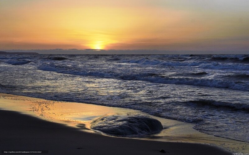 Sunset over Ocean Waves — Yellow, Serene, Photograph, Beach, Sun