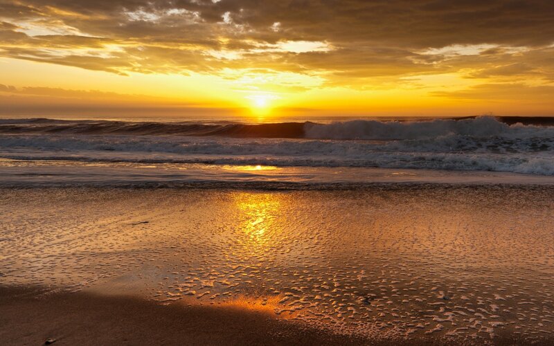 Sunset over Ocean Waves — Yellow, Serene, Photograph, Beach