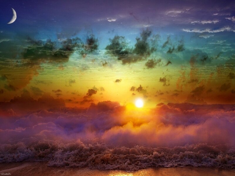 Sunset over Ocean — Yellow, Dramatic, Digital Art, Moon