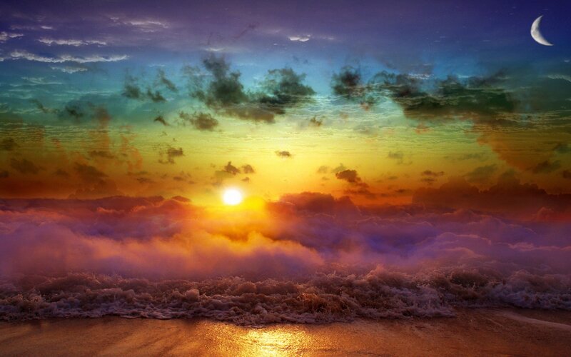 Sunset over Ocean — Yellow, Dramatic, Digital Art, Sun, Moon, Clouds